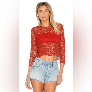 Lovers + Friends Night Bloom Red Lace crop Top women’s size XS zipper closure